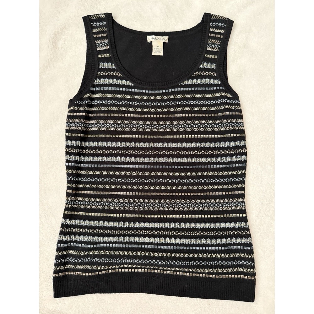 Vintage Harold's Knit Tank Top Women XS Black Cream Striped Sweater Shell